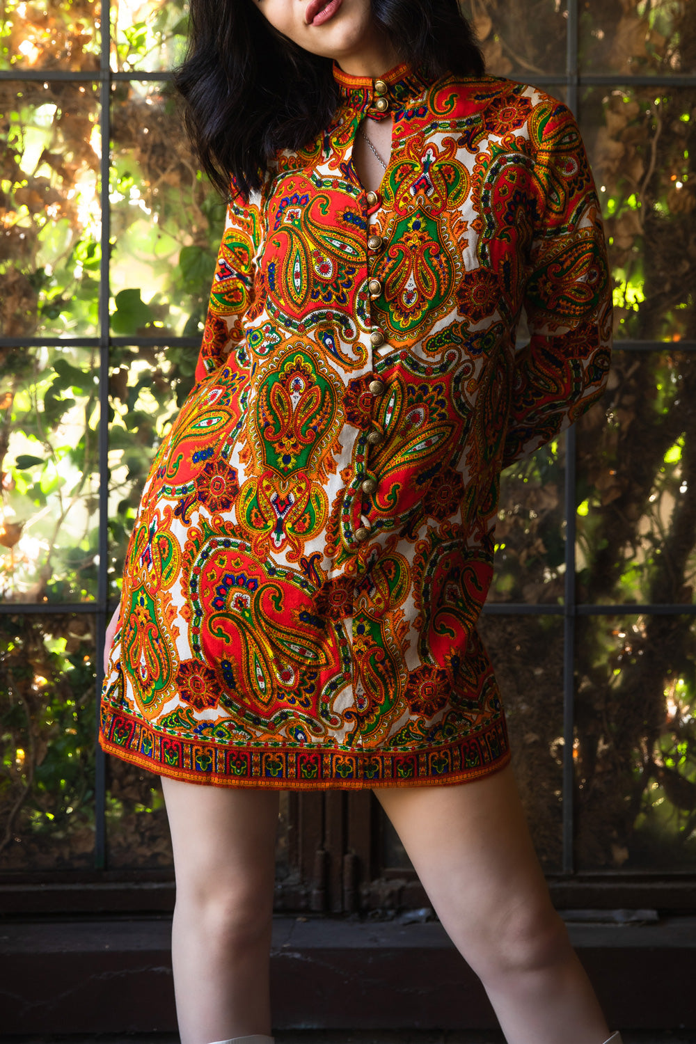 Vintage 1960s Bright Psychedelic Paisley Print Mini Dress with Bell Sleeves Medium